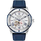 Bulova Men's Marine Star 'Series A' Automatic Stainless Steel Case with Blue Textured Silicone Strap, Open Aperture, Silver White Dial Model: 98A225