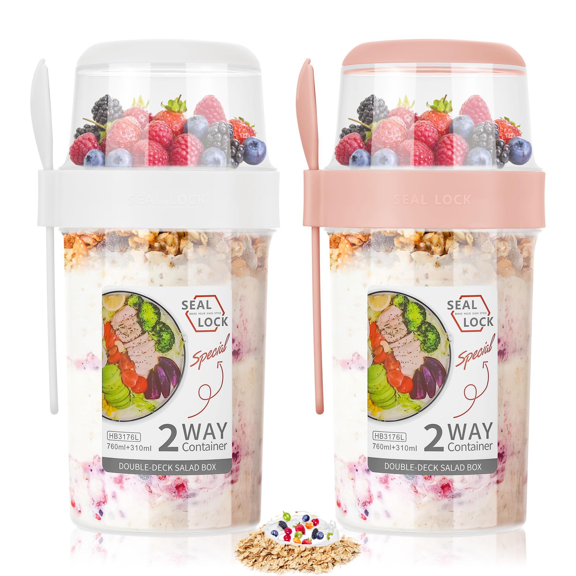 Hejo 2 Pcs Overnight Oats Container with Lip, 760ml+310ml Yoghurt Pots, Reusable Breakfast Pots, Cereal Cup with Spoon, Cereal and Milk On The Go Container, Overnight Oats Jar for Outdoor (Pink&White)