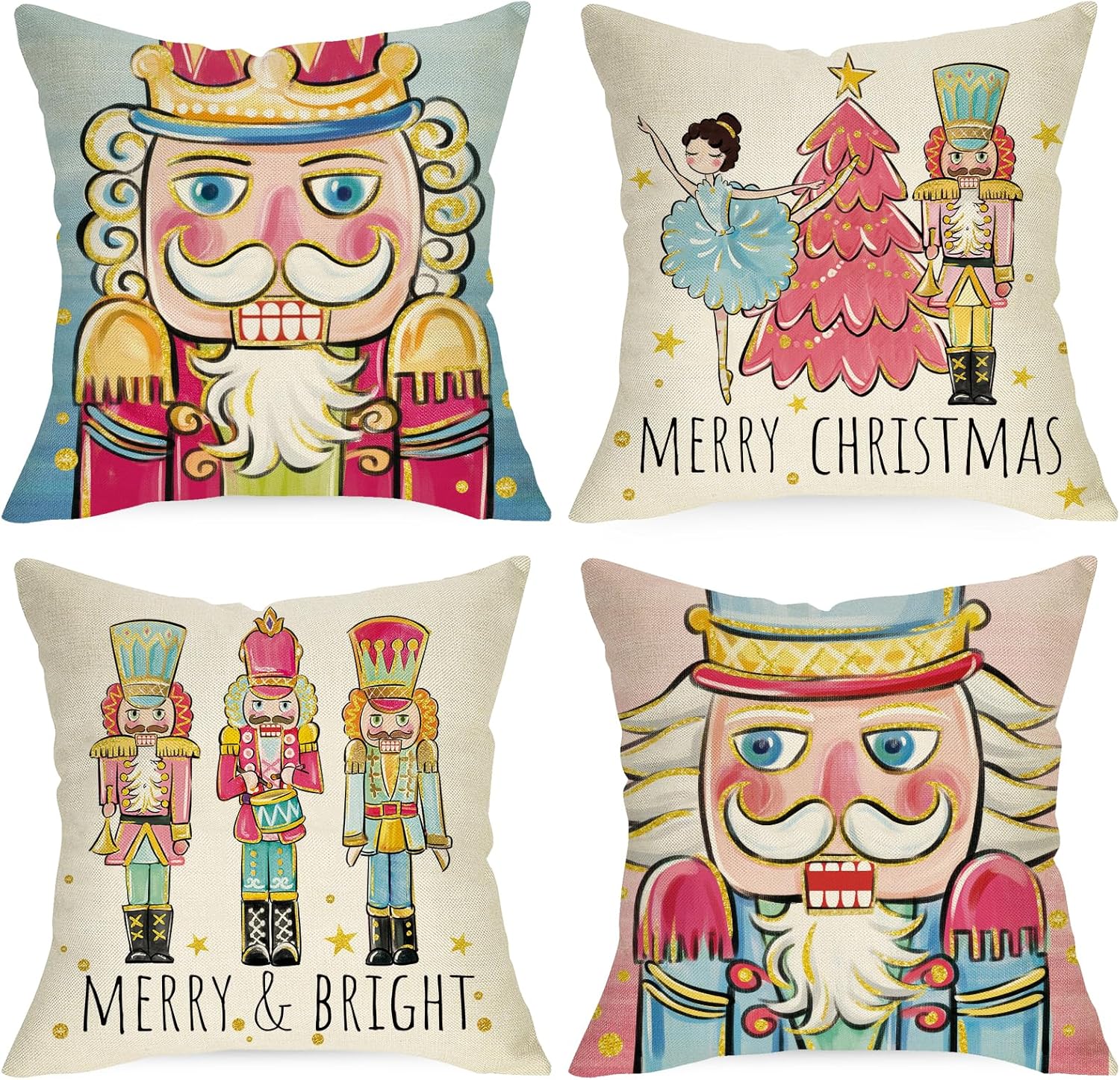 Nutcrackers - Ussap Merry Christmas Nutcracker Decorative Throw Pillow Covers 16x16 Set of 4, Pink Xmas Tree Cartoon Wooden Soldier Toy Cushion Case Decor, Bright Winter Holiday Home Decoration for Sofa Couch
