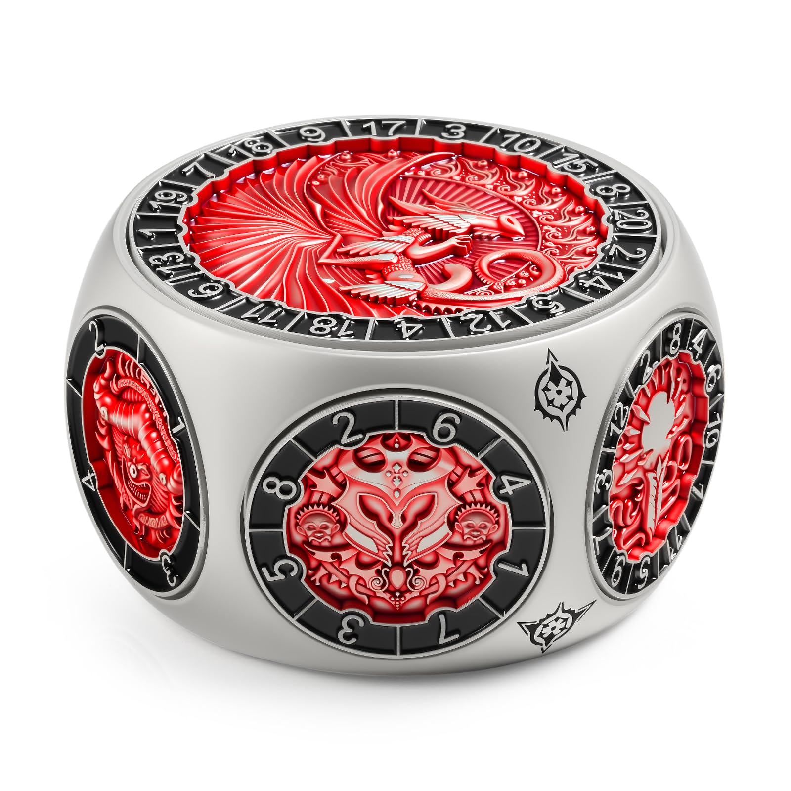 DNDND Dual D20 8-in-1 Spinner Metal Dice - Hexagonal Spinning D&D Monster Themed Dice Set for TTRPG Dungeons and Dragons, Dungeon Masters with Collectible Gift Tin (Silver with Red) — image 1