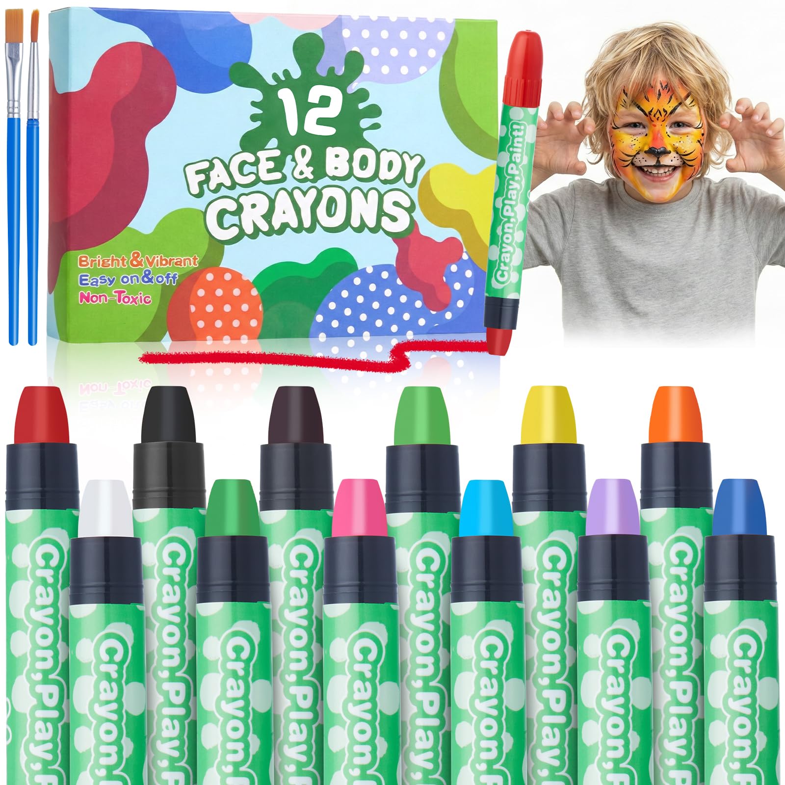 Lictin Face Paint Crayons for Kids, 12 Color Water Based Face Paint Kit, Non-Toxic Washable Kids Body Paint for Makeup, for Birthday, Christmas, Cosplay Makeup, Gifts for Children