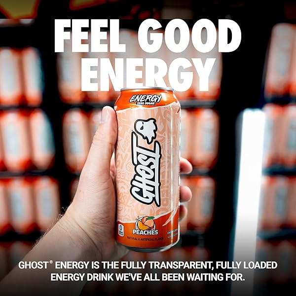 GHOST ENERGY DRINK – 12-PACK, PEACHES, 16OZ – ENERGY & FOCUS & NO ARTIFICIAL COLORS – 200MG OF NATURAL CAFFEINE, L-CARNITINE & TAURINE – GLUTEN-FREE & VEGAN