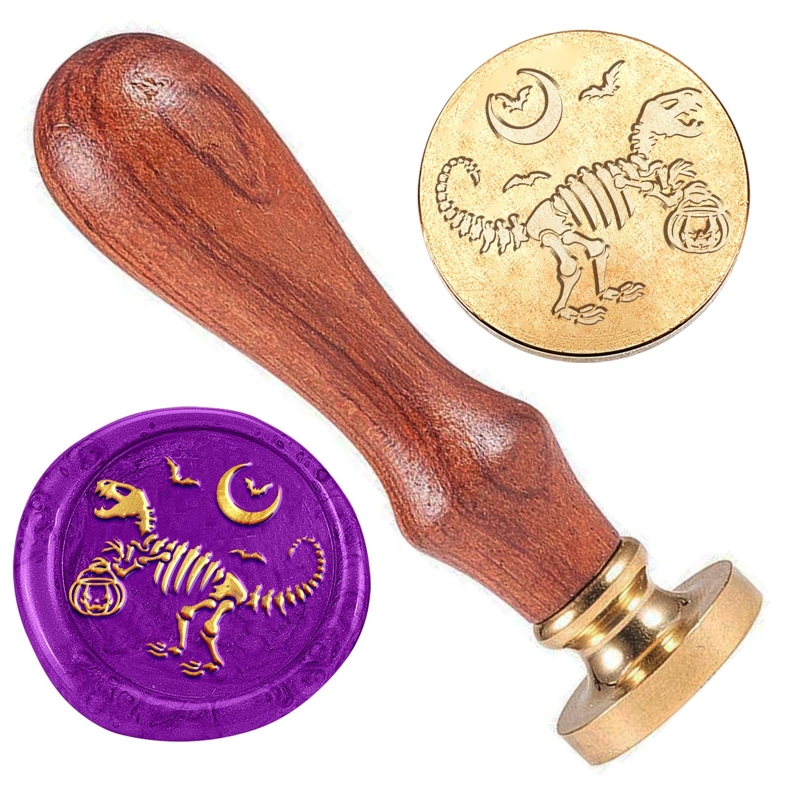 DELORIGIN Halloween Dinosaur Wax Sealing Stamp, 1" Brass Wax Seal Stamp Head with Wooden Handle Halloween Wax Stamp for Invitation Cards Gift Wrapping Envelopes Wine Package Decoration