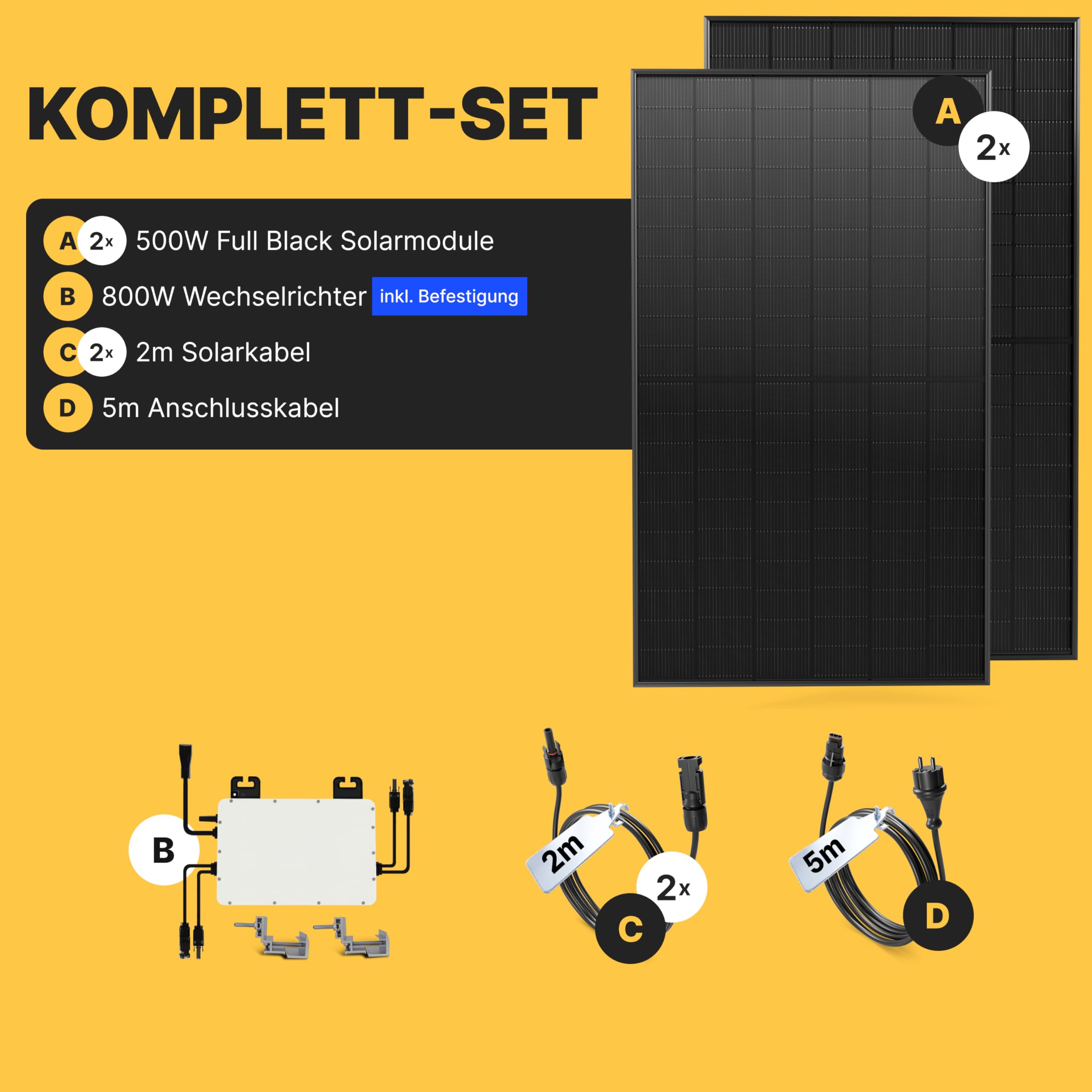 Solakon 1000W Balkonkraftwerk - Balkonkraftwerk 800W komplett Steckdose - neuester 800 Watt Wechselrichter - Solaranlage Komplettset, 500W bifaziale Solarmodule inkl Zubehör - 5m Kabel, Ohne Halterung 4