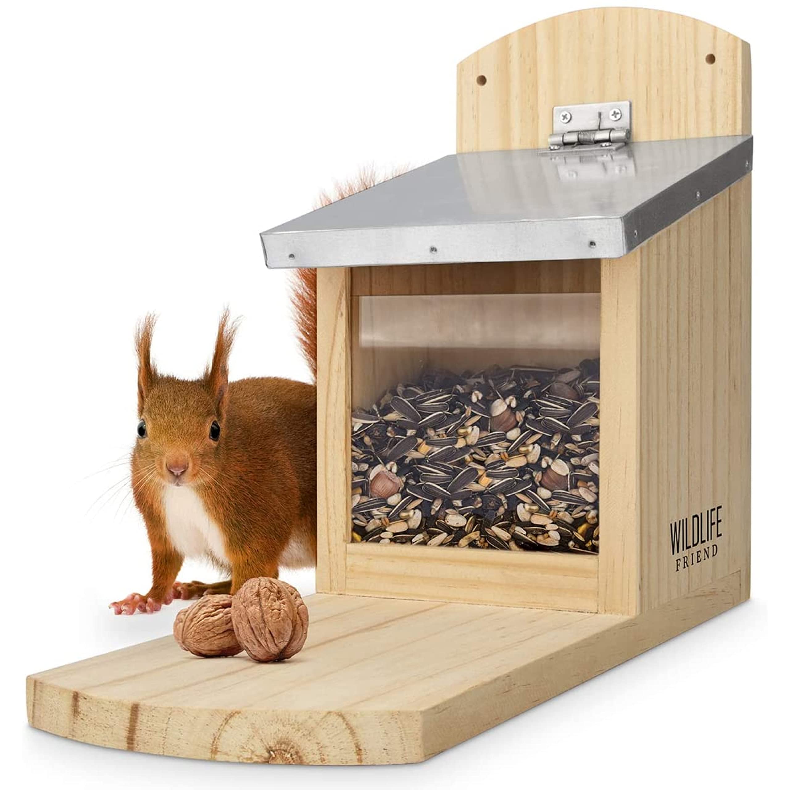 Squirrel Feeder Maxi - Extra Large and Stable - with Metal Roof, Natural Wood with Extra Long Feeding Platform - Hanging Feeding Station, Squirrel Food Feeders - Just for Squirrels