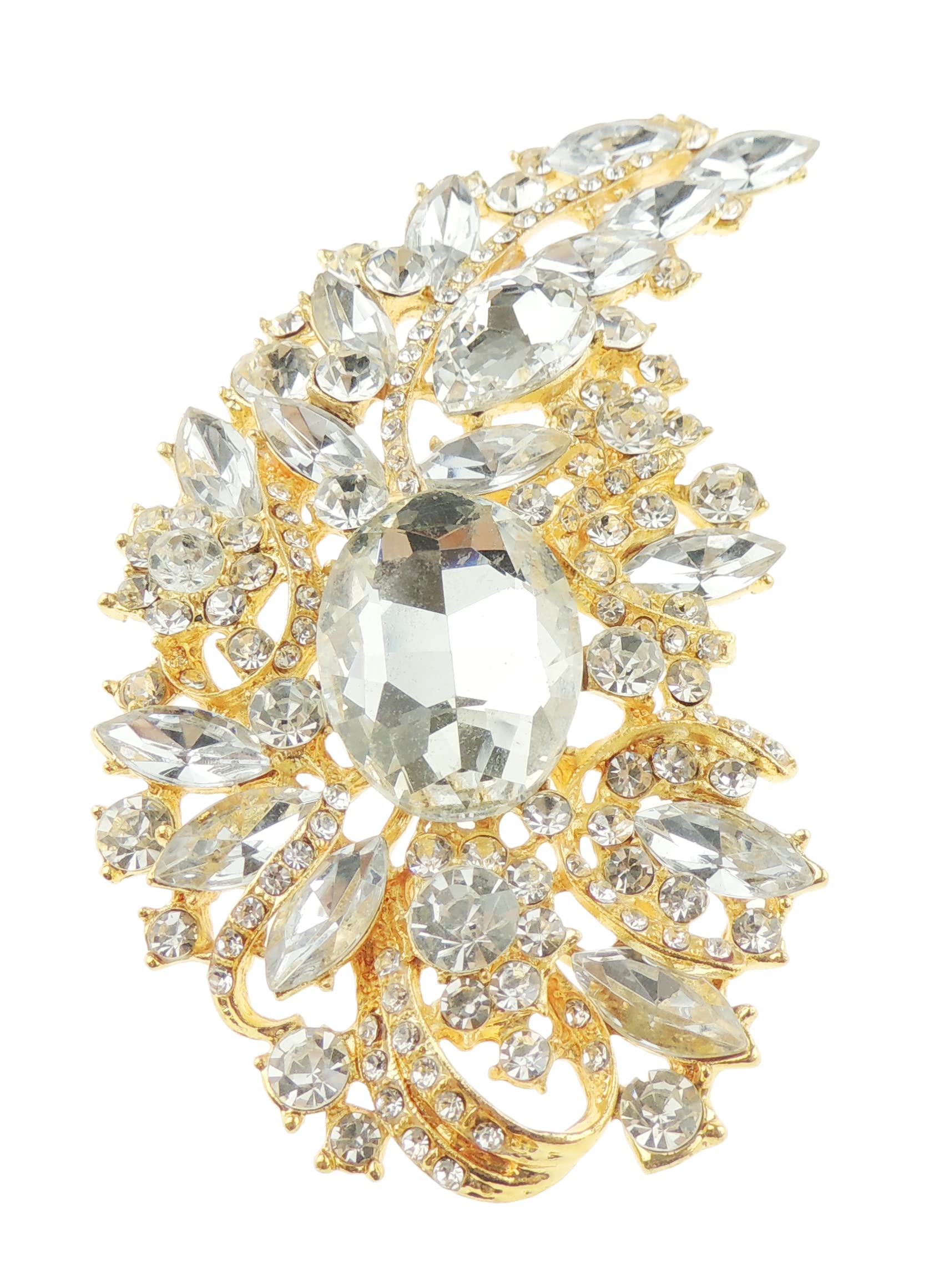 Sparkly Bridal Wedding Christmas Birthday Gift Coat Scarf Coat Jacket Shawl Mother Bride Groom Bride Diamante Crystal Brooch Corsage Pin LARGE Flower Floral Leaves Blossom Bouquet (Clear Gold Tone)