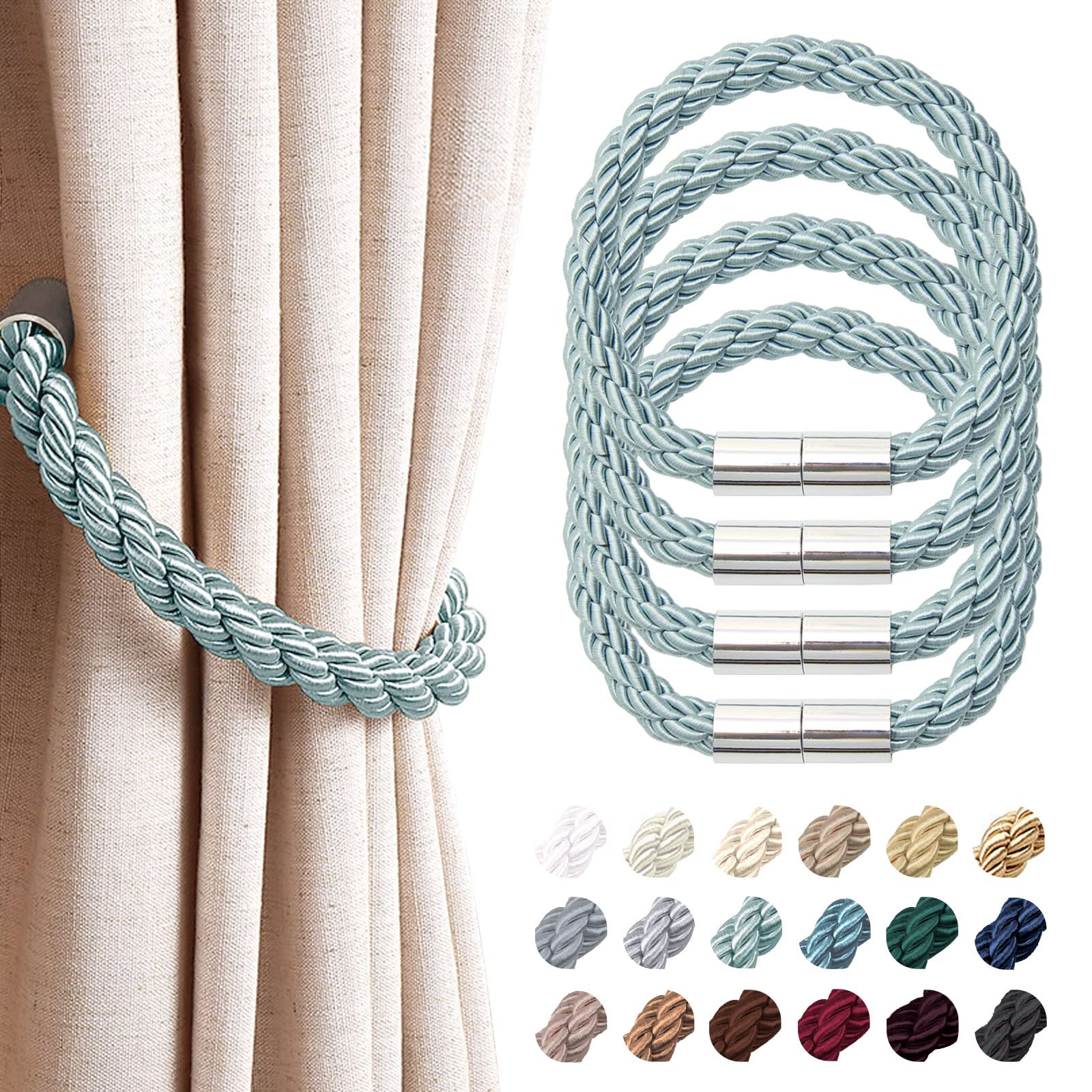 Pretty Jolly 4 Pack Strong Magnetic Curtain Tiebacks Modern Simple Style Drape Tie Backs Convenient Decorative Weave Rope Curtain Holdback for Thin or Thick Home & Office Window Drapery (Blue-grey)