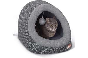K&H Pet Products Thermo-Pet Cave Heated Cat Bed for Large Cats, Indoor Heated Pet Bed for Dogs & Cats, Covered Cave Pet Tent, Collapsible, Machine Washable, Safety Listed - 17 X 15 X 13in Gray