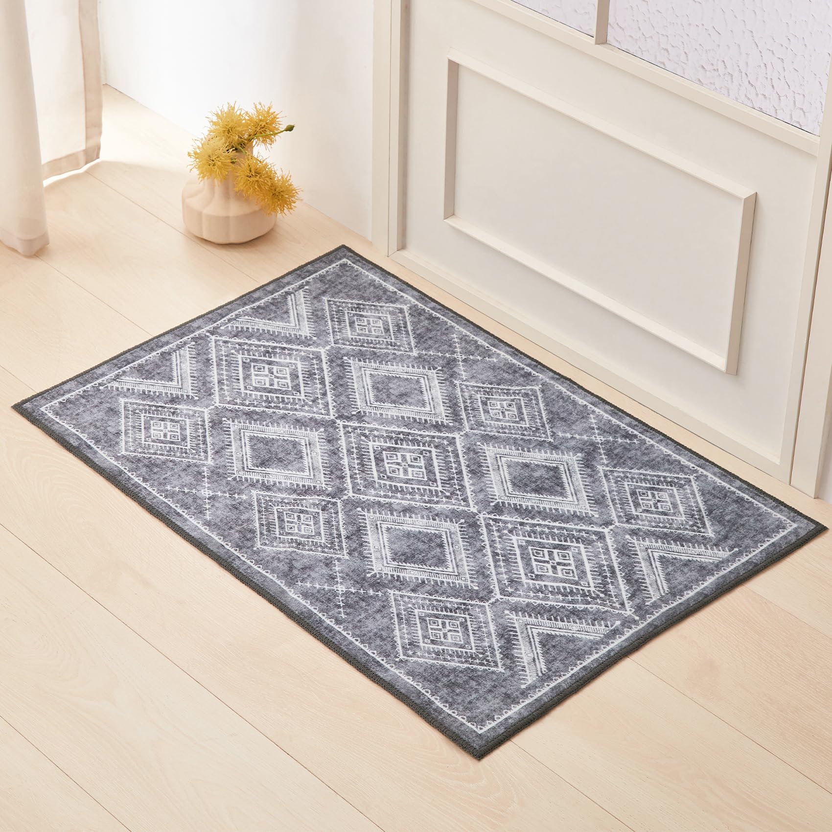 Photo 1 of COOVA Vintage Printed Non-Slip Entryway Rug – 2x3ft Non-Shedding Soft Non-Slip Area Rug, Foldable 2x3 Carpet, Eco-Friendly Washable Rug,Rhombus Dark Grey