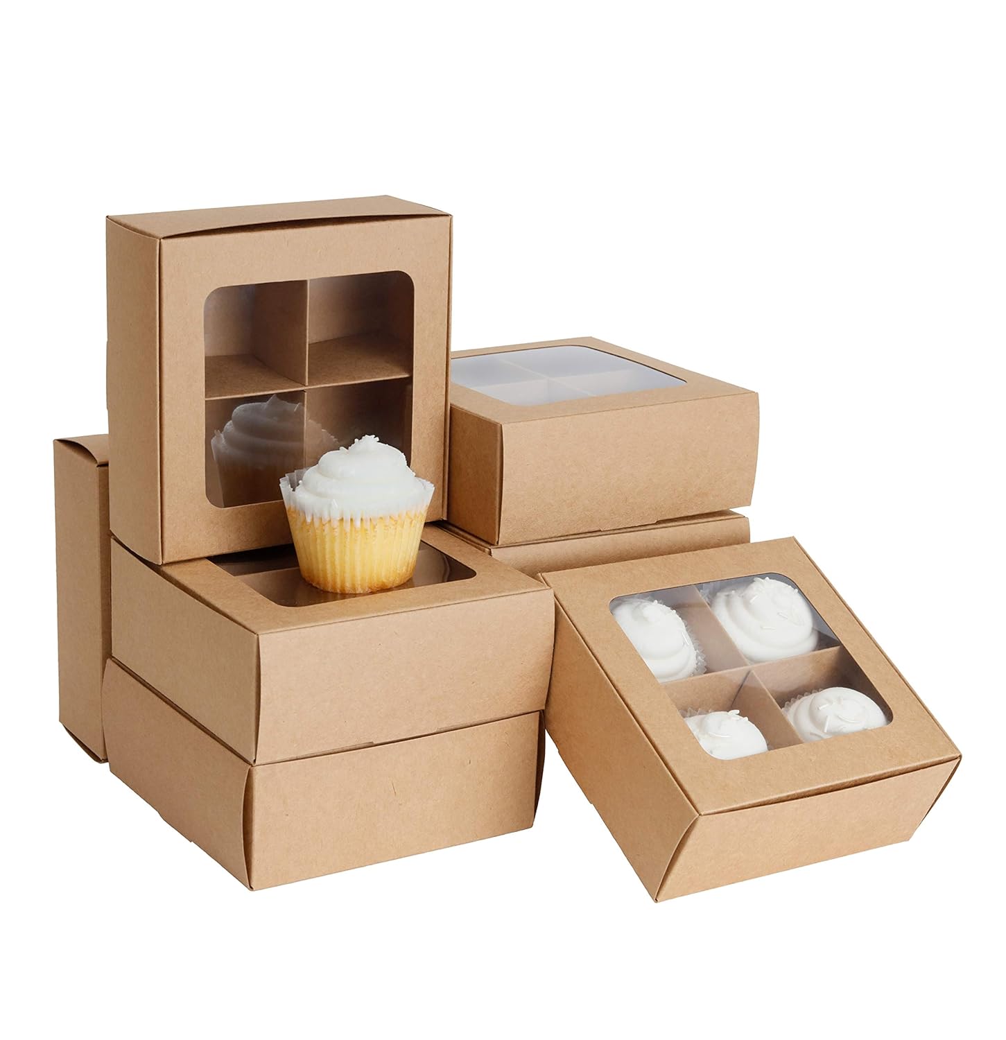 Gretel Medium Brown Bakery Boxes with Window and Dividers | 6x6x2.4 in | Four Compartment Treat Boxes for Low Profile Cupcakes, Small Cookies, and Baked Goods for Gift Giving | 24 Pack (Kraft)