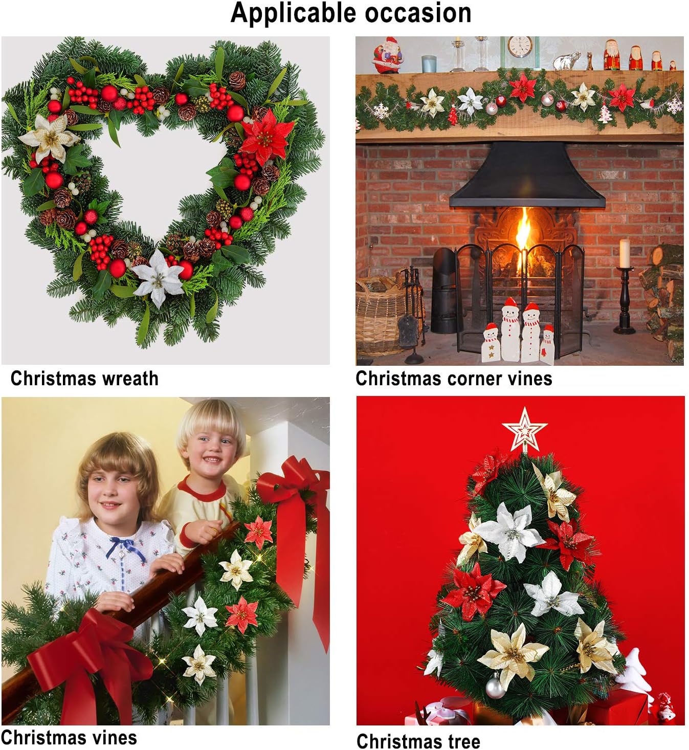 WILLBOND 45 Pieces Christmas Poinsettia Decorations Glitter Poinsettia Flowers Christmas Tree Flowers Red Gold White Silver for Xmas Tree Ornaments 5 Inch - Image 5