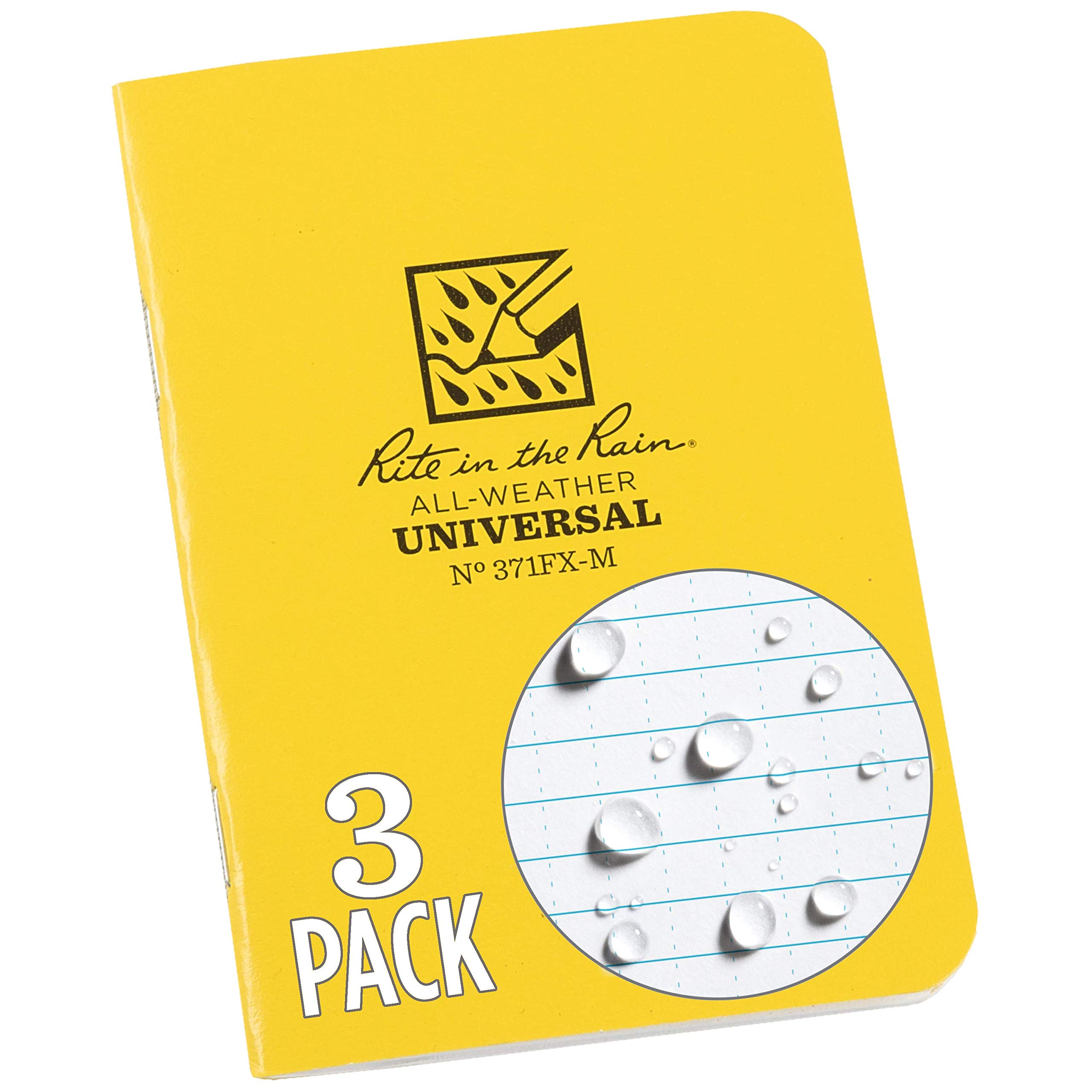 Rite In The Rain Waterproof Paper Min Waterproof Paper Notepad Staple Bound Pack of 3 Flex Cover Black 24 pages 12 sheets Saddle Stitch Binding Imperial and Metric Rulers, 3¼ X 4⅝- Inch, Yellow — image 1