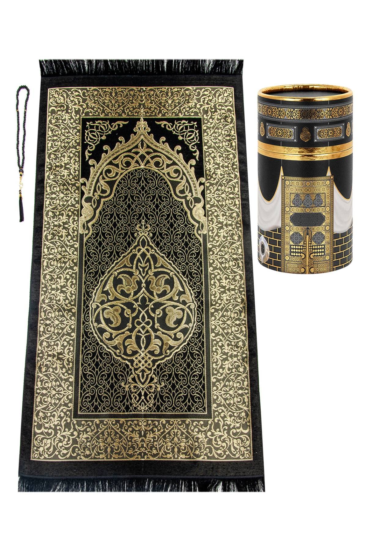 ihvan online Muslim Prayer Rug and Prayer Beads with Elegant Design Cylinder Gift Box, Janamaz, Soft Sajadah, Islamic Gifts Set, Portable Prayers Carpet Mat, Taffeta Fabric, Black / Mod2