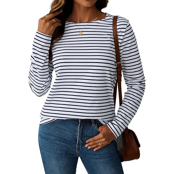 WSLCN Womens Casual Long Sleeve T-Shirt Boat Neck Slim Stripe