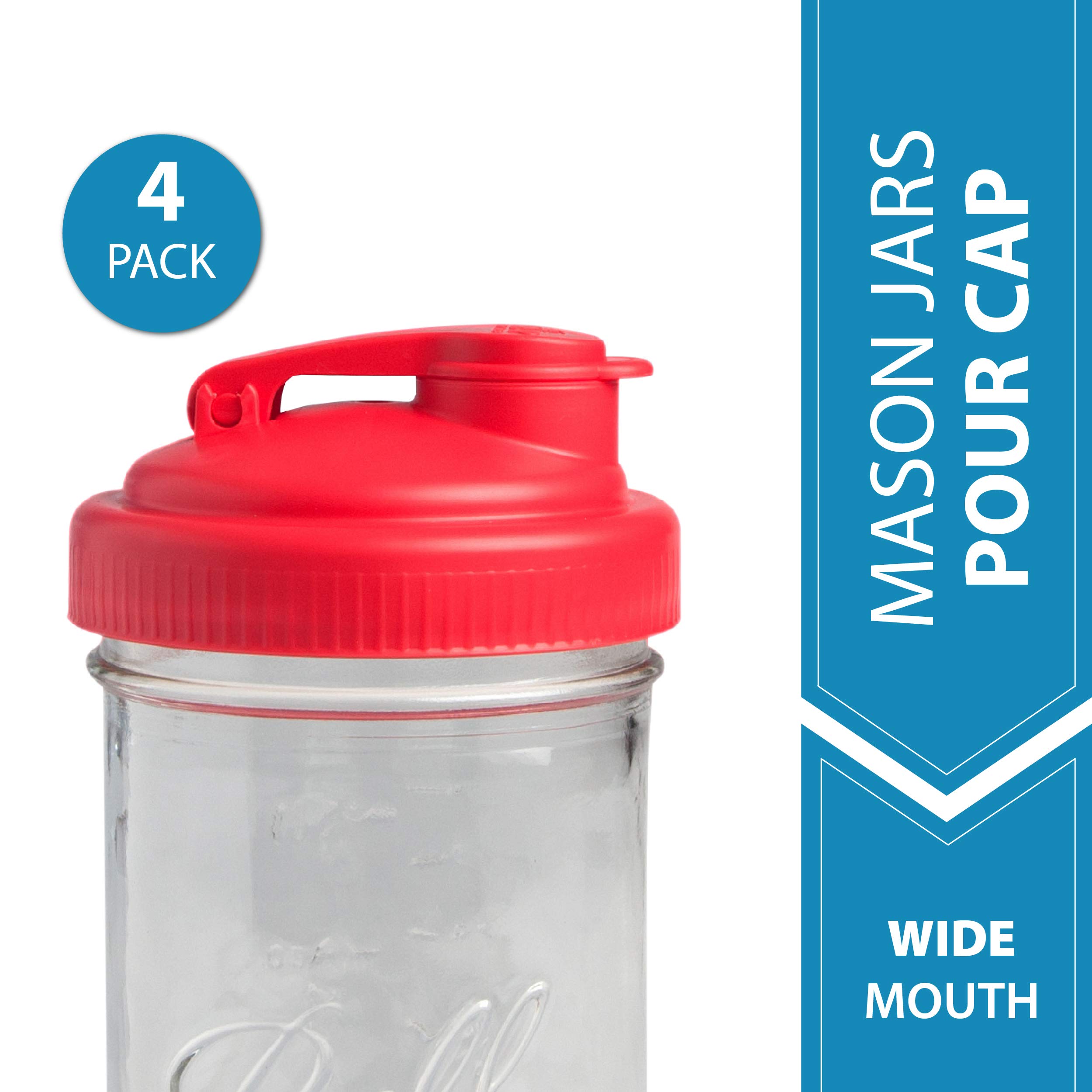 ReCAP Mason Jars Lid POUR Cap, Wide Mouth, Red 4 Pack BPAFree