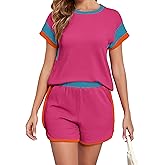ONLYSTORY Womens Two 2 Piece Lounge Sets Texture Summer Casual Short Cap Sleeve Tops Matching Shorts Colorblock Outfits