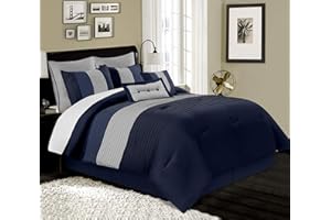 Chezmoi Collection Loft 8-Piece Luxury Striped Comforter Set (Queen, Navy/Gray/Blue)