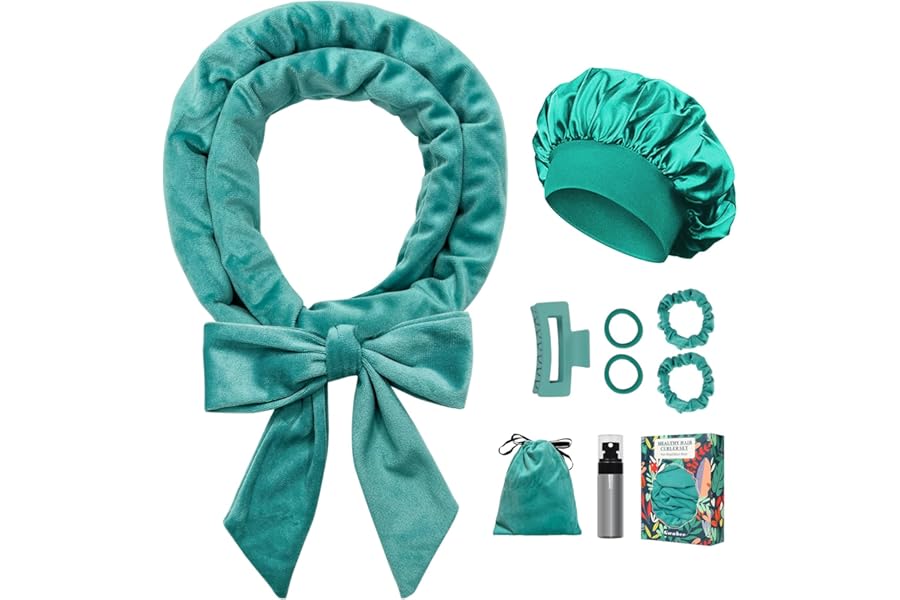 Gwabee No Heat Overnight Curl Headband, 70″ Soft Ribbon Wrap for Long Hair, 9 PCS Hair Curling Rods Set – Blue Green