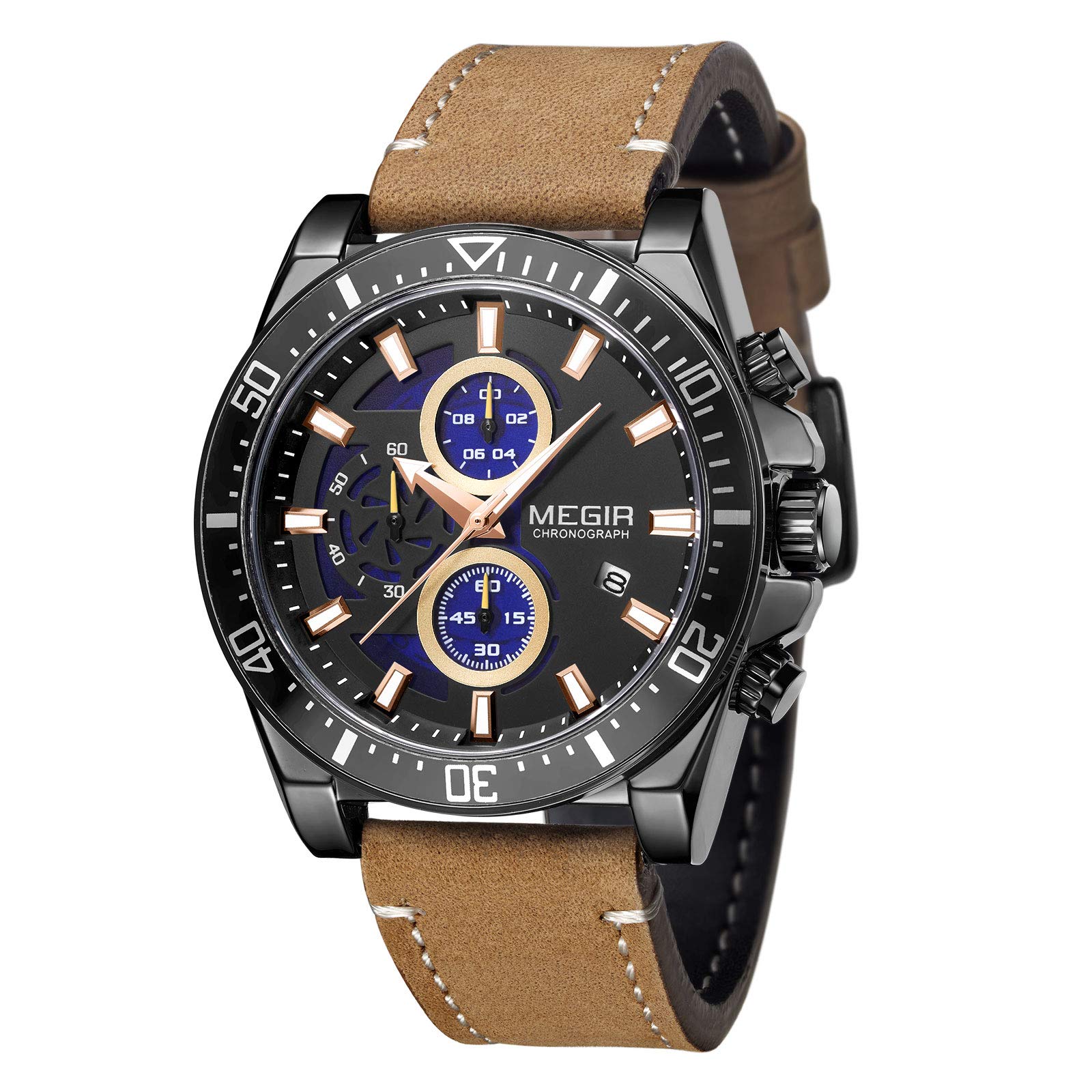 Megir Men's Dress Wrist Watches, Luxury Waterproof Chronograph Business Sports Quartz Watch for Men(Brown