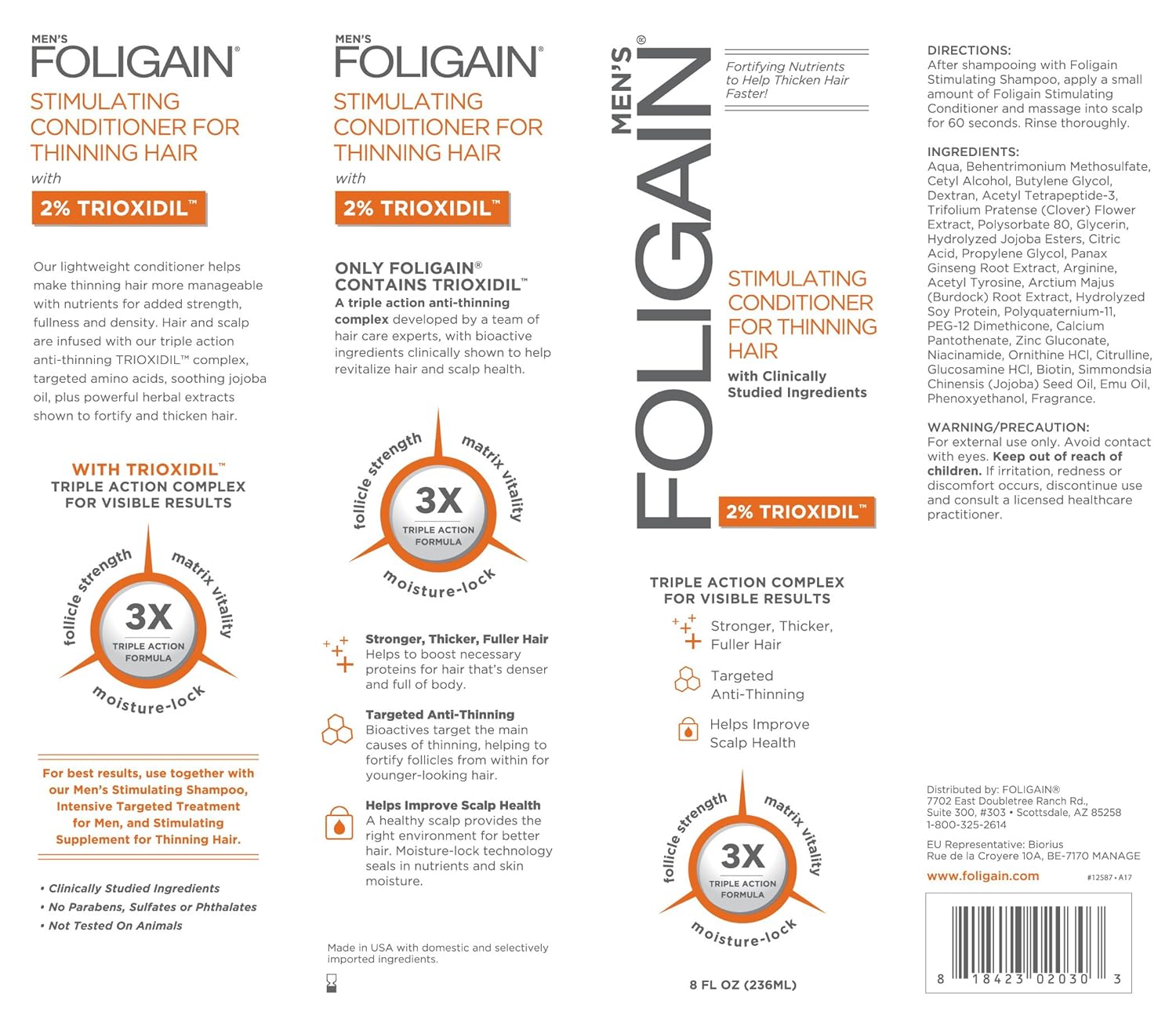 Foligain Triple Action Conditioner For Thinning Hair For Men with 2% Trioxidil | Hair Stimulating Conditioner | Men's Volumizing Conditioner (8oz): Beauty