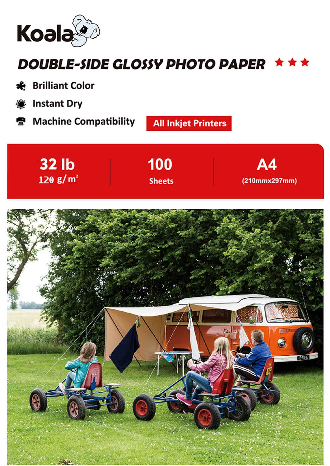 KOALA Double Sided Glossy Inkjet Photo Paper A4, 120gsm, 100 Sheets for Inkjet Printers. Suitable for Printing Photos, Brochures, Covers, Certificates, Booklets, Flyers, Leaflets, Cards, Calendars