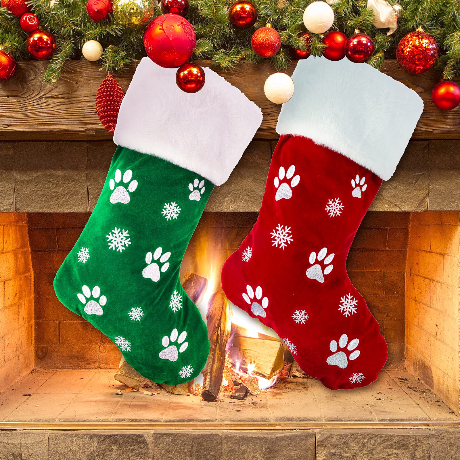 AnyDesign 2pcs Large Christmas Stockings 8.7 x 18.1inch Dog Paw Print Snowflake Pattern Hanging Stockings Red Green Christmas Decorations Gift Bag Hanging Ornament for Xmas Holiday Party Pet Home