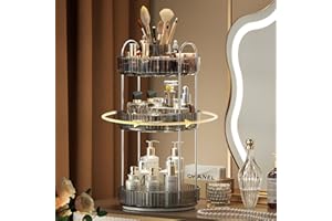 YCIA&DONE Rotating Makeup Organizer for Vanity, Large Capacity Make Up Storage Skin Care Shelf Perfume Holders Cosmetic Dresser Organizer Countertop Spinning 360 (Smoky Gray, 3Tiers)