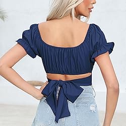 COOUFE Women's Crop Tops Ruffle Short Sleeve Tie