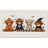 GWATCSM Halloween Highland Cow Doormat Outdoor Indoor Entrance 17x30in | Witchy Pumpkin Highland Cow Faux Linen Door Mat,Halloween Welcome Mats Small Rug for Front Door Entryway