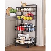 UMDONX 4-Tier Kitchen Storage Cart Metal Snack Cart Adjustable Fruit Basket on Wheels Stand Baskets for Potato Onion Produce Black