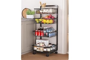 UMDONX 4-Tier Kitchen Storage Cart Metal Snack Cart Adjustable Fruit Basket on Wheels Stand Baskets for Potato Onion Produce Black