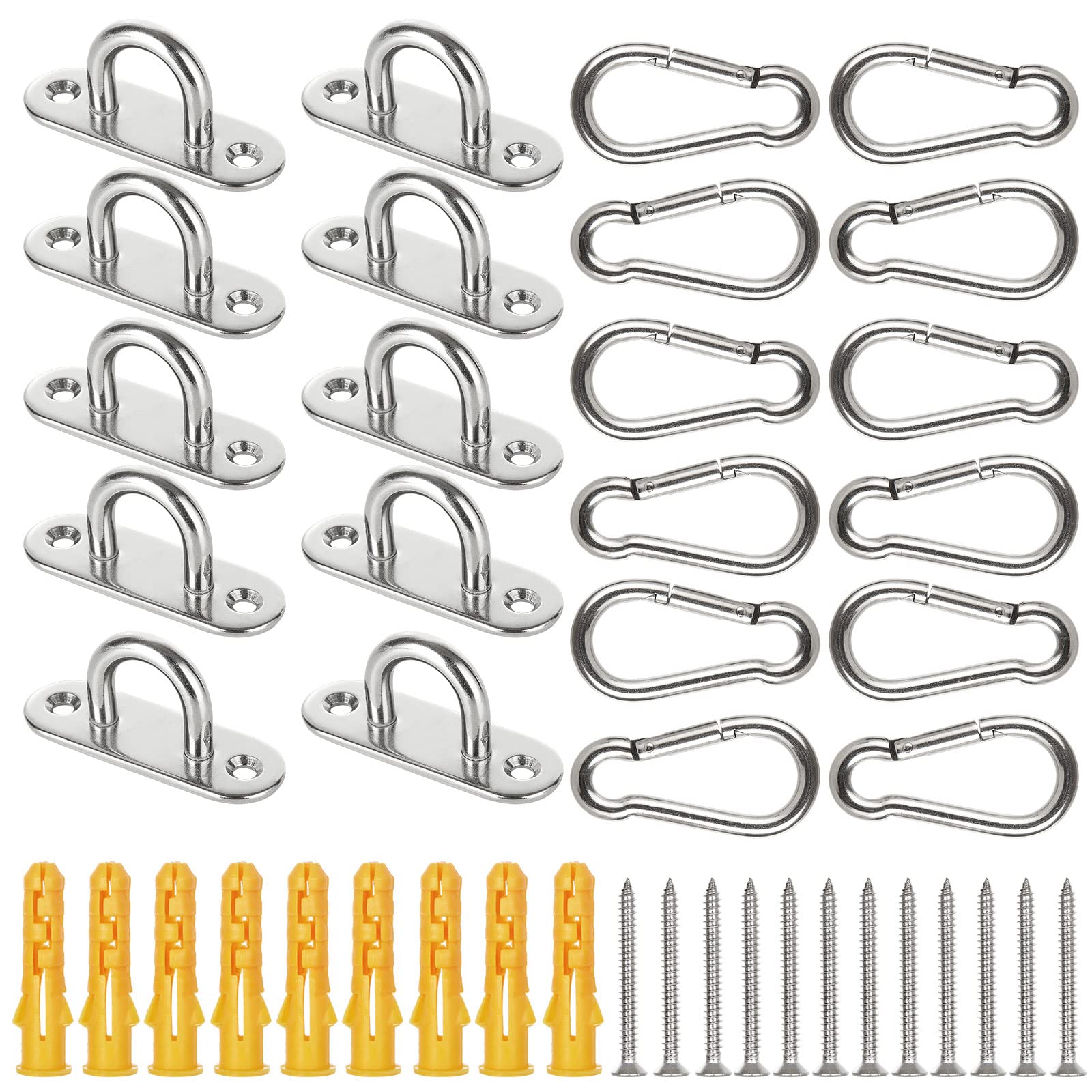 JMIATRY 12 Pcs M6 304 Stainless Steel Pad Eye Plate and 12 Pcs Carabiner Clips, Marine Hardware Staple Hook Loop with Screws and Plastic Plugs, Wall Anchor Ceiling Hook for Marine Hammock Rigging