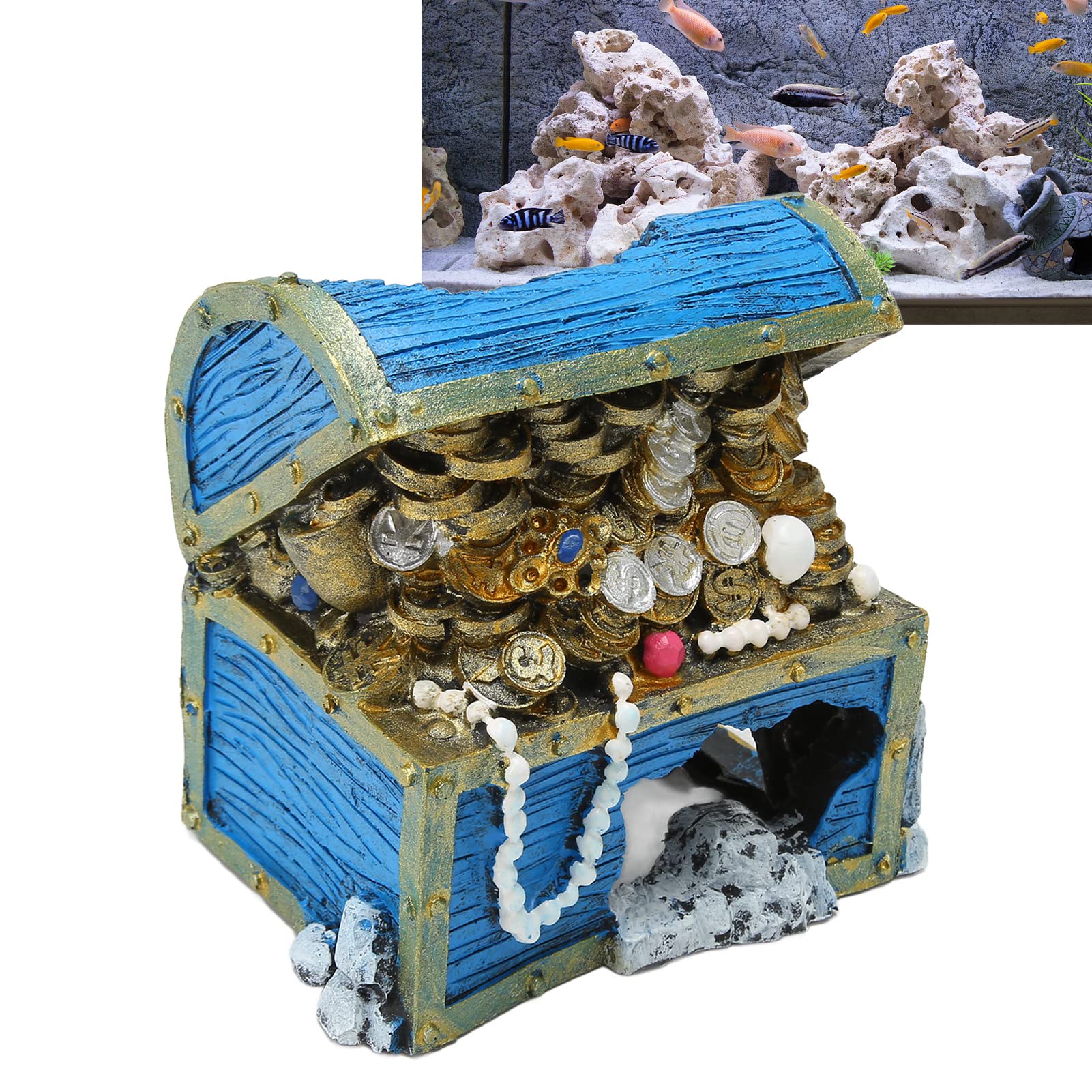Tnfeeon Aquarium Treasure Chest Ornament Resin Fish Tank Decoration Hideaway Treasure Chest Box Fish Tank Landscape Decoration