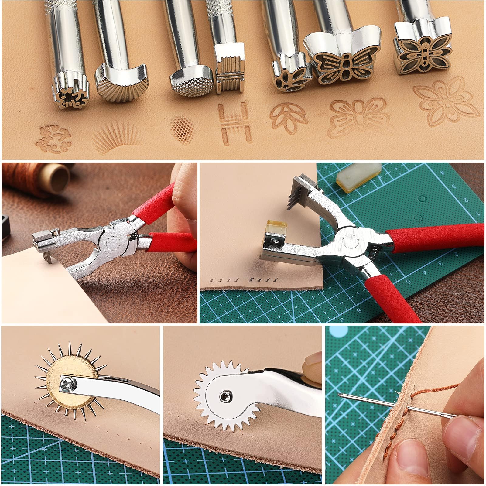 273 Pieces Leather Working Tools and Supplies with Leather Tool Box Cutting Mat Hammer Stamping Needles Snaps and Rivets Kit Perfect for Stitching Punching Cutting Sewing Leathercrafting Making