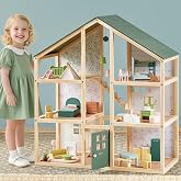 Tiny Land Wooden Dollhouse for Girls - 6 Rooms Wooden Doll House | DIY Pretend Doll House with 31Pcs Furniture Accessories, Creative Gift for Girl Ages 3+,Green