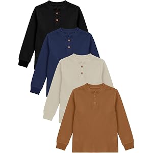 Cooraby 4 Pack Boys Long Sleeve Thermal Henley Shirt Boys Long Sleeve Shirts Waffle Henley Knit Thermal Tops for Daily Wear