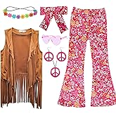 XonyiCos 8 Pcs Girls Kids 60s 70s Hippie Costume Disco Outfits Fringe Vest Boho Bell Bottoms Hippie Outfits Accessories Set