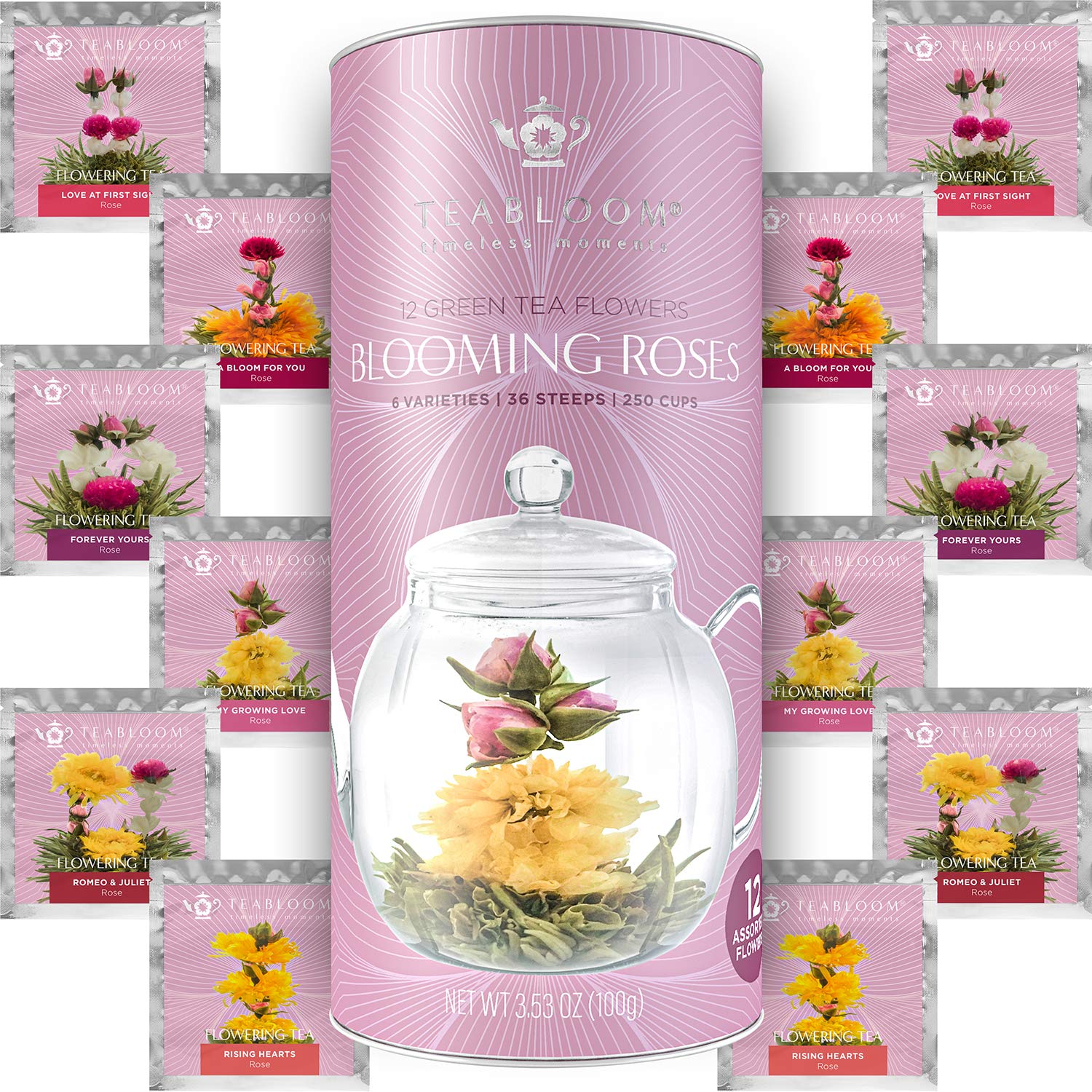 Amazon Com Teabloom Rose Flowering Tea 12 Hand Tied Blooming Tea Flowers 36 Steeps Makes 250 Cups Romantic Rose Tea Gift Set For Tea Lovers Premium Handpicked Ingredients Grocery Gourmet Food