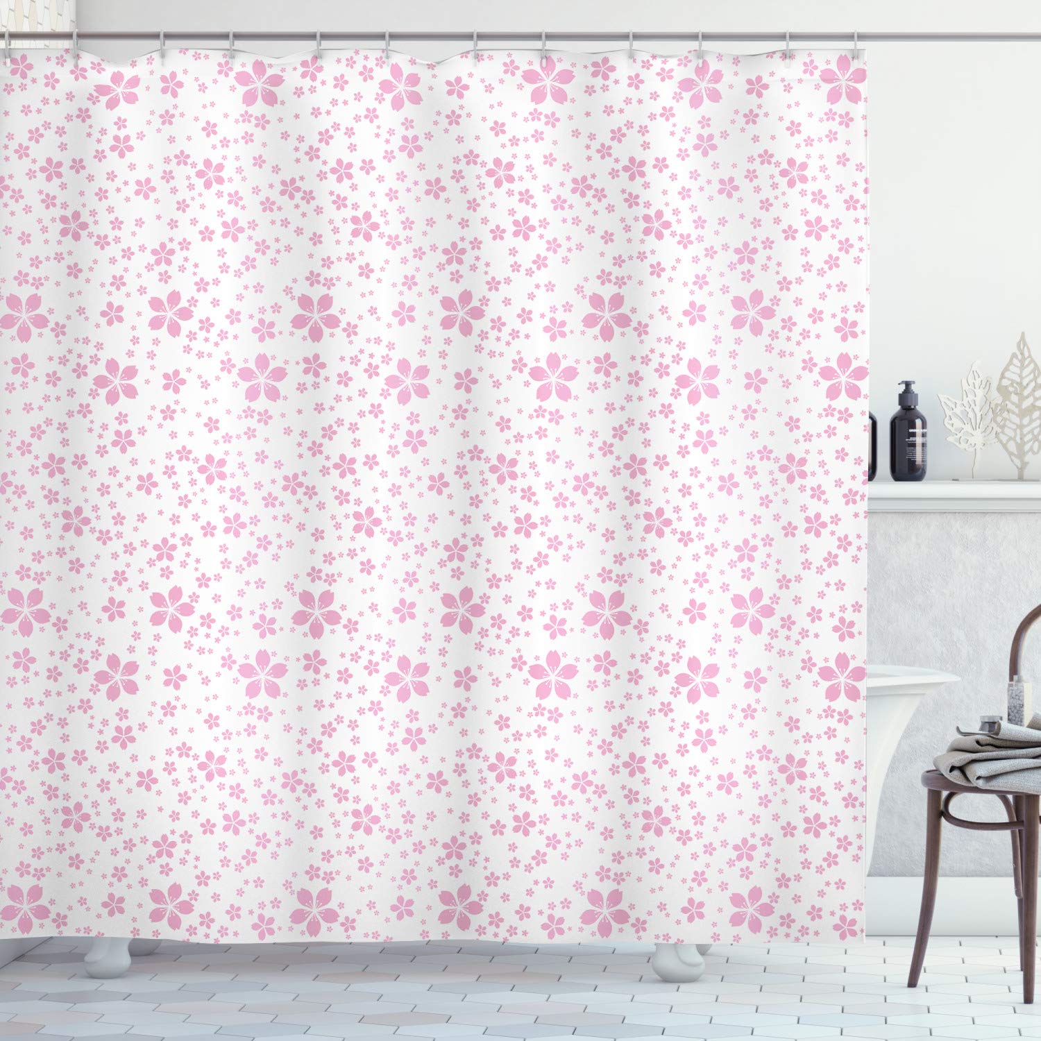 ABAKUHAUS Cherry Blossom Shower Curtain, Childish Pink Flowers on White Background Kids Girls Simple Design, Cloth Fabric Bathroom Decor Set with Hooks, 70 Inches, Pale Pink White — image 1