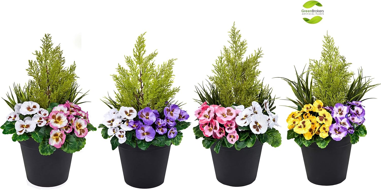Artificial Pink and White Faux Silk Pansies with Grasses/Conifer Topiary in a Black Pot Patio Planter Ideal for Home Patio - Image 5