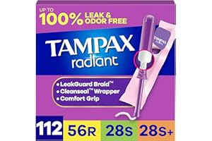Tampax Radiant Tampons for Women Multipack, with LeakGuard Braid, Regular/Super/Super Plus Absorbency, Unscented, 112 Count (4 Packs of 28)