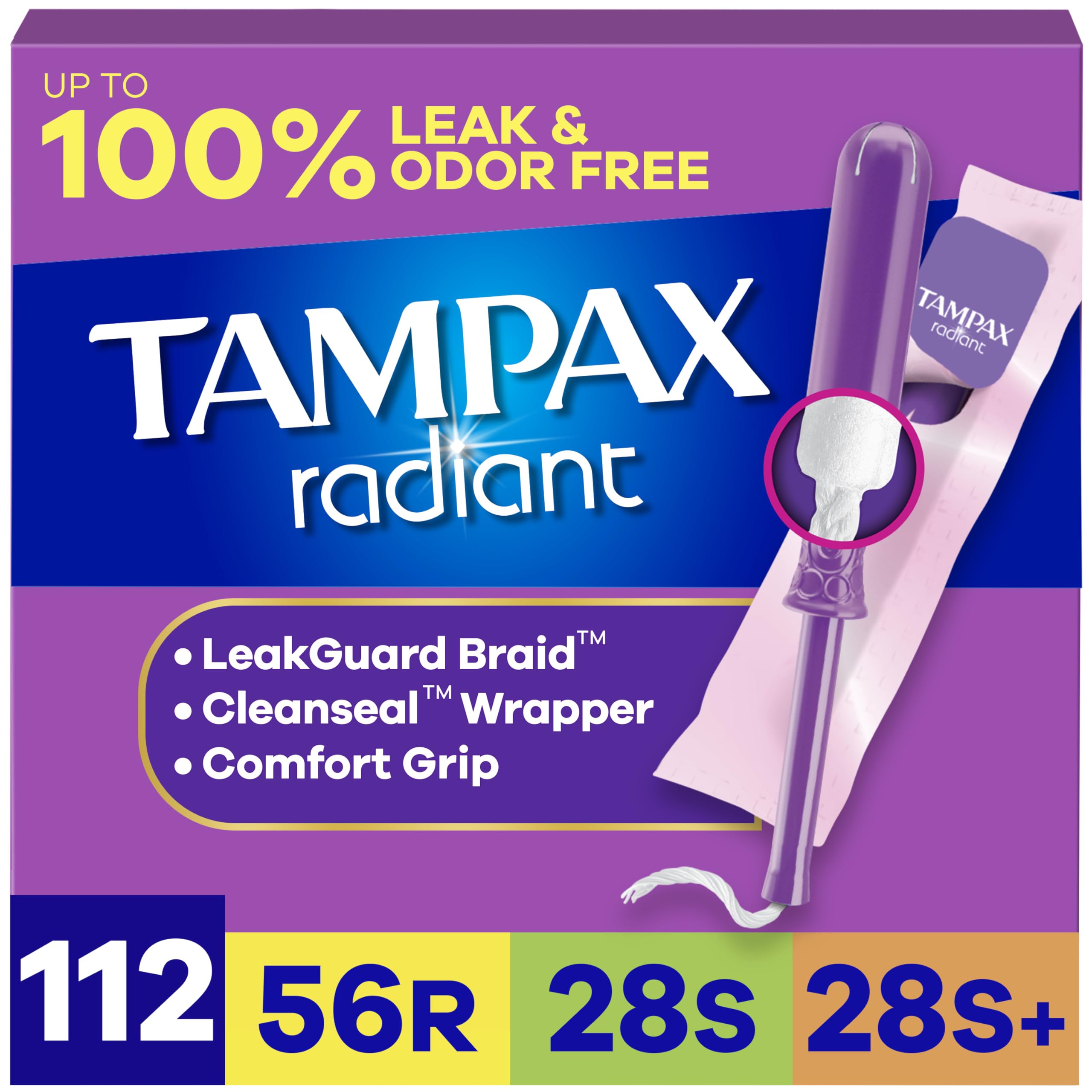 Photo 1 of Tampax Radiant Tampons for Women Multipack, with LeakGuard Braid, Regular/Super/Super Plus Absorbency, Unscented, 112 Count (4 Packs of 28)