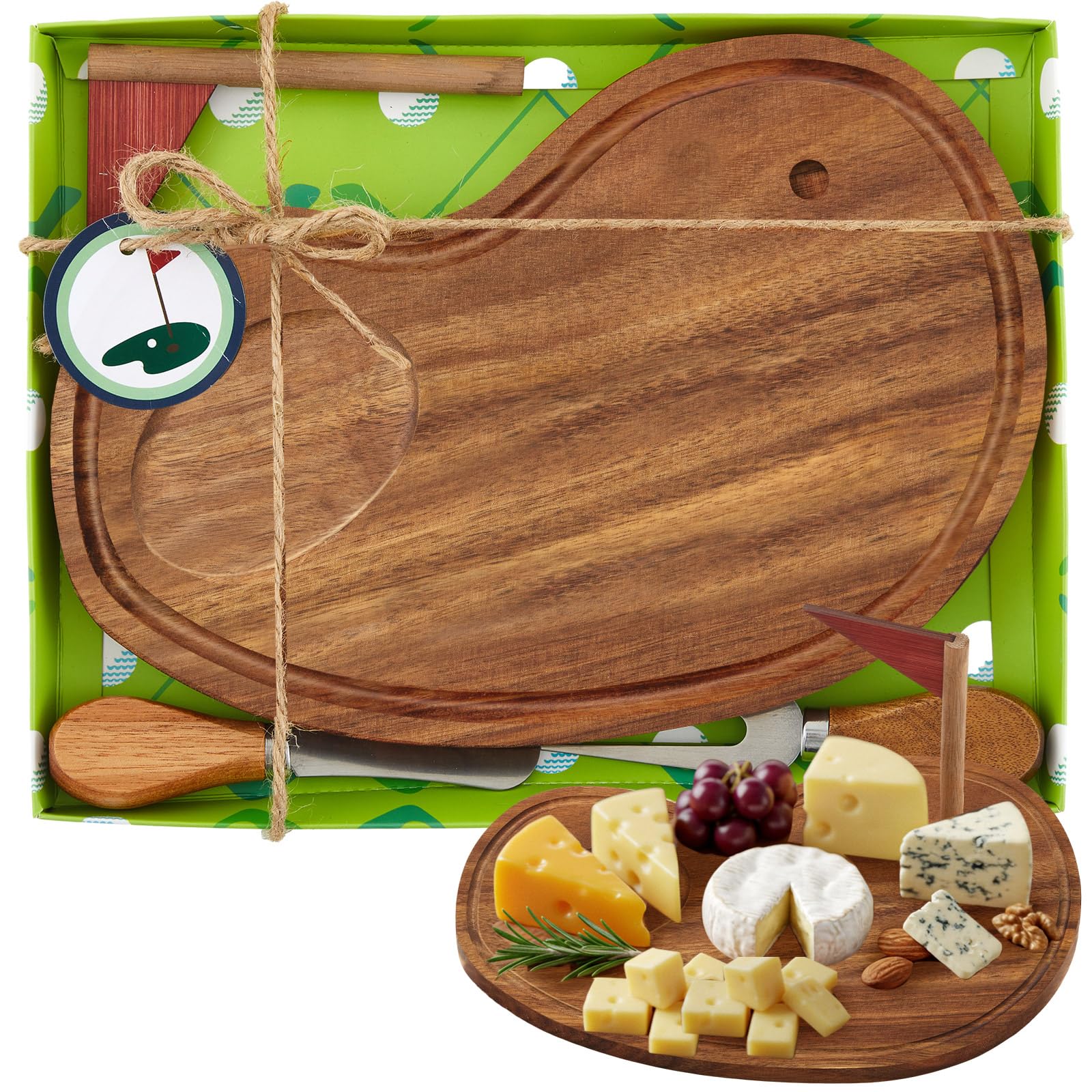 Photo 1 of Ziliny Golf Cheese Board Gift Set Party Favor Prizes Charcuterie Wood Board with Knives and Box Father Day Gift for Dad Grandpa Party Tournament Game(9.8" x 7.7", Acacia Color)