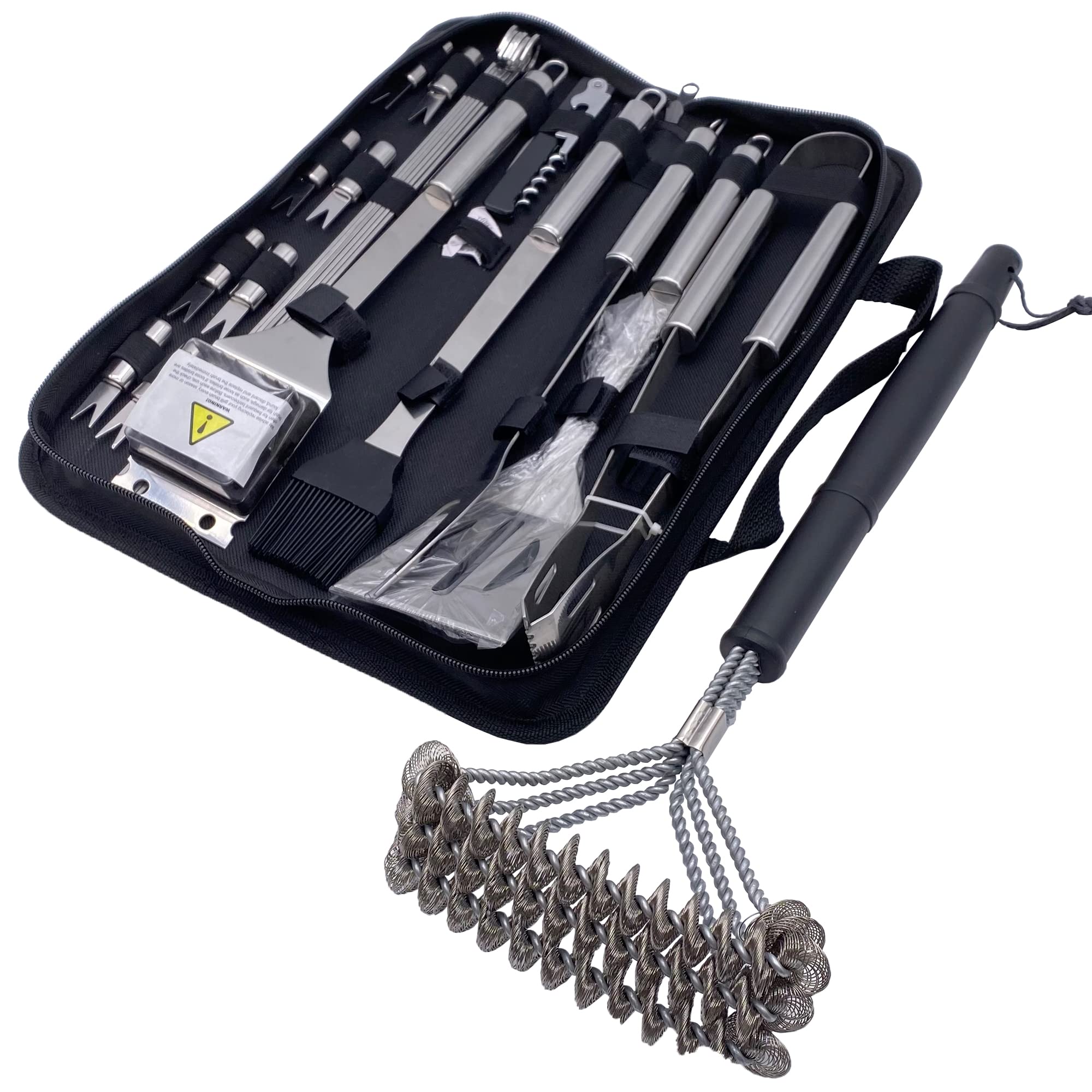 Masters & Burrell BBQ Grill Tool Set with Carry Case, Stainless Steel Barbecue Accessories with Storage Bag, Complete Premium Outdoor BBQ Utensil Set (BBQ Set with Large Wire Brush)