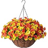 Ammyoo Artificial Hanging Flowers with Basket, Faux Silk Petunias Flower Arrangement, Coconut Lining with Morning Glories Fake Plants Patio Garden Porch Deck Fall Decor(Orange Yellow)