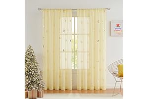 Jubilantex Yellow Butterfly Sheer Curtain Panels for Kids Nursery Bedroom, Baby Girls Toddler Gold Print Linen Textured Rod Pocket Voile Drapes 84 Inch Long for Living Room,2 Panels