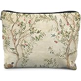 KBRCT Vintage Chinoiserie Floral Bird Makeup Bag for Women, Retro Spring Flower Cosmetic Bag for Purse, Elegant Botanical Makeup Zipper Pouch