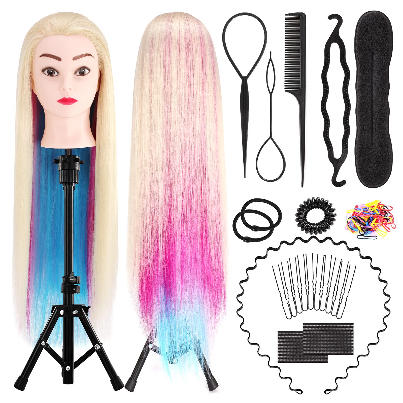 Training Head, Yofuly 29 Inch Hairdressing Head 100% Synthetic Fiber Cosmetology Mannequin Dolls Head with Table Clamp & DIY Hair Braid Set