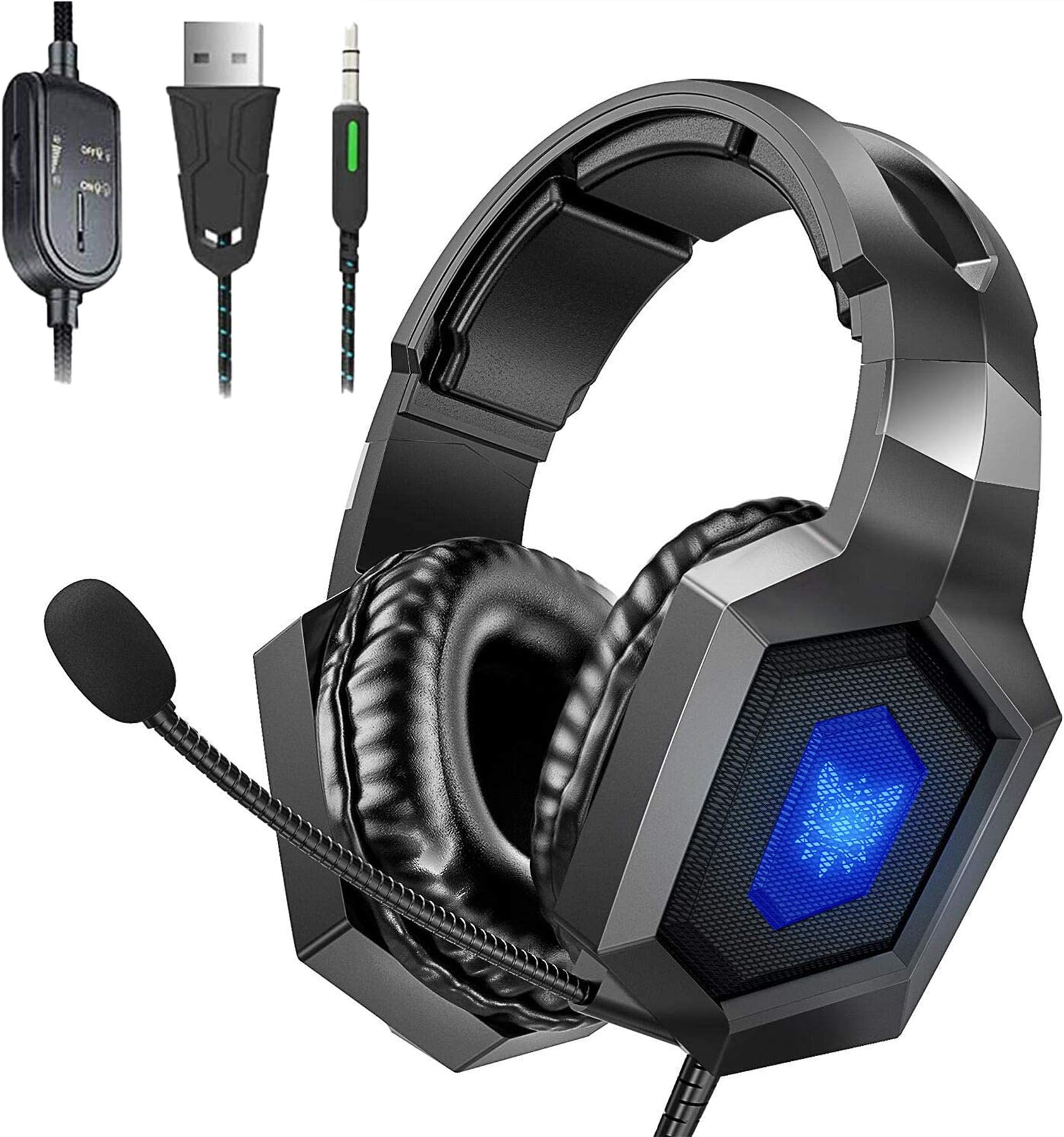 Gaming Headset for PS4 Xbox One Headset, 7.1 Surround Sound Gaming Headphones with Mic, RGB Light, Noise Cancelling Microphone, Over-Ear Headphones for PS4 PS5 Xbox One PC Laptop
