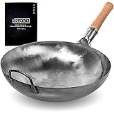 YOSUKATA 14” Round Bottom Carbon Steel Woks and Stir Fry Pans – Unseasoned Pow Wok for Stir Fry, BBQ & Camping – Hand-Hammered Traditional Japanese and Chinese Pan – Gas Stove, Open Fire Only